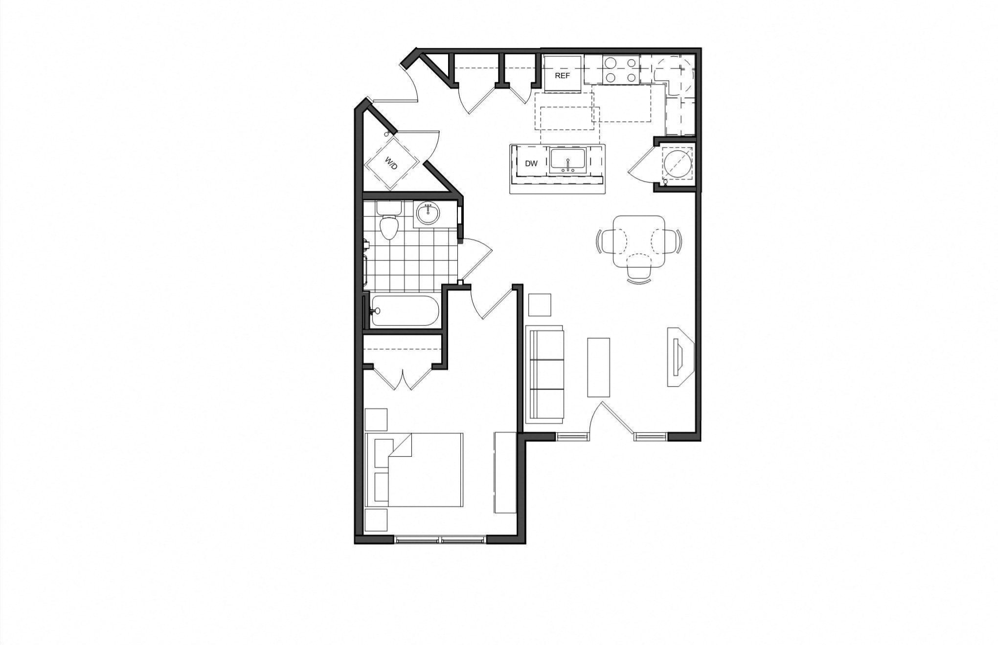 Floor plan for 1 bed, 1 bath, 695 sqft